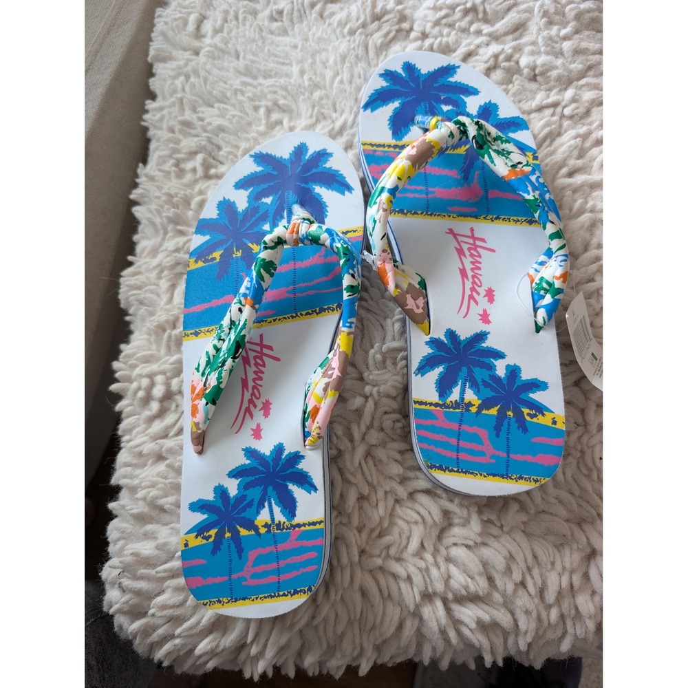 NWT Hawaii Tropical Platform Flip Flops Sandals Blue Pink White Womens 10